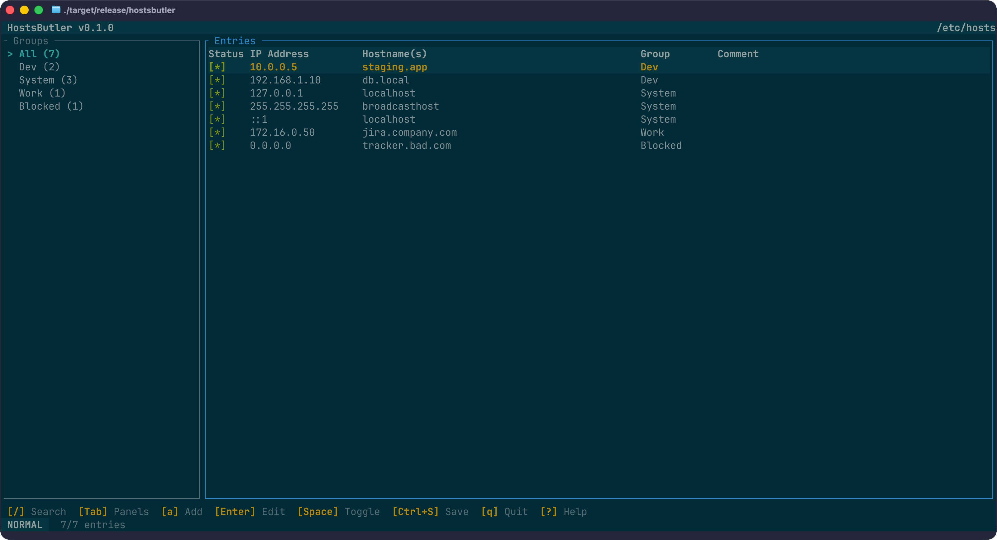 HostsButler main view showing the entry table and group sidebar