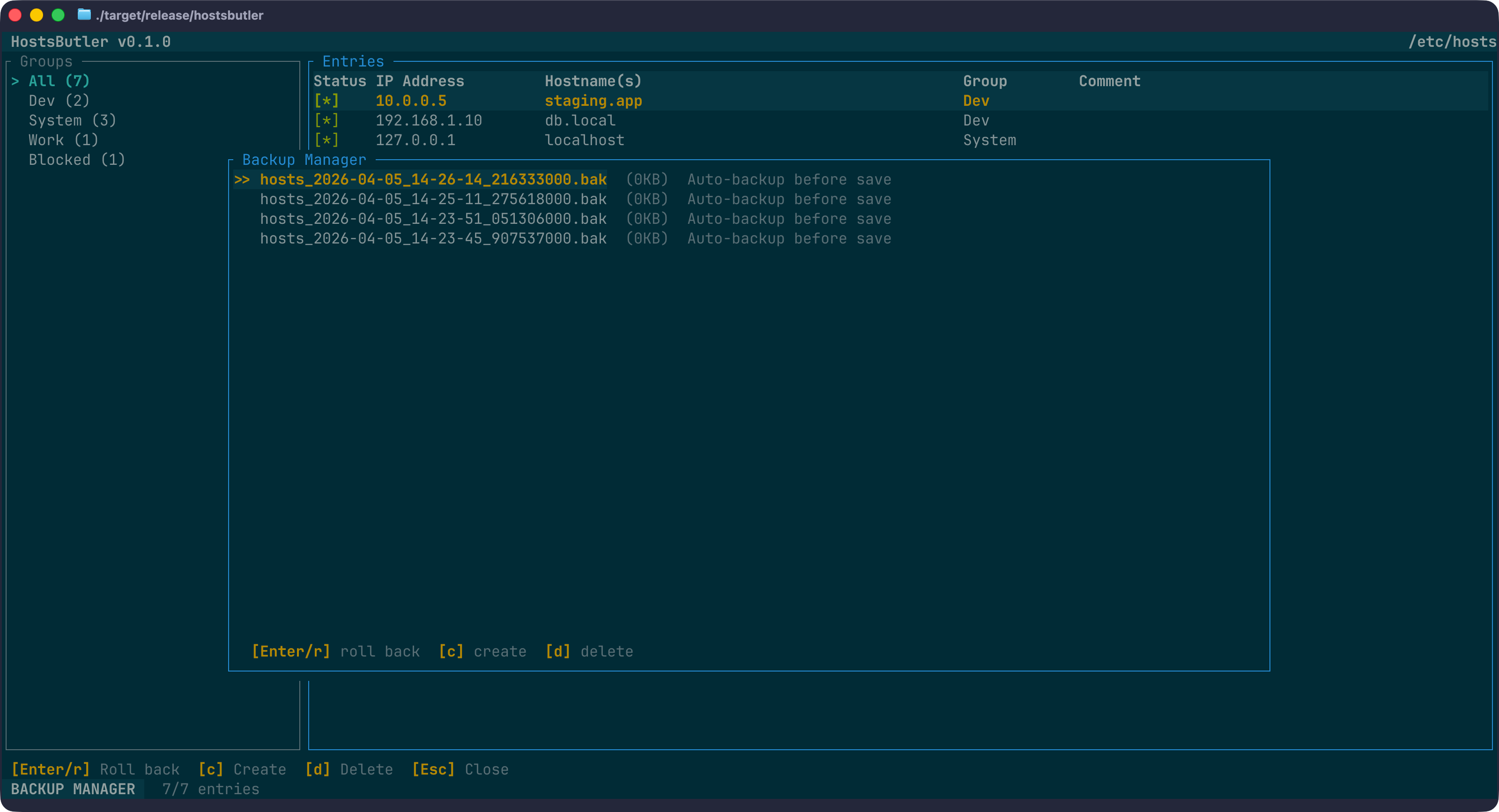 The HostsButler backup manager showing a list of automatic backups