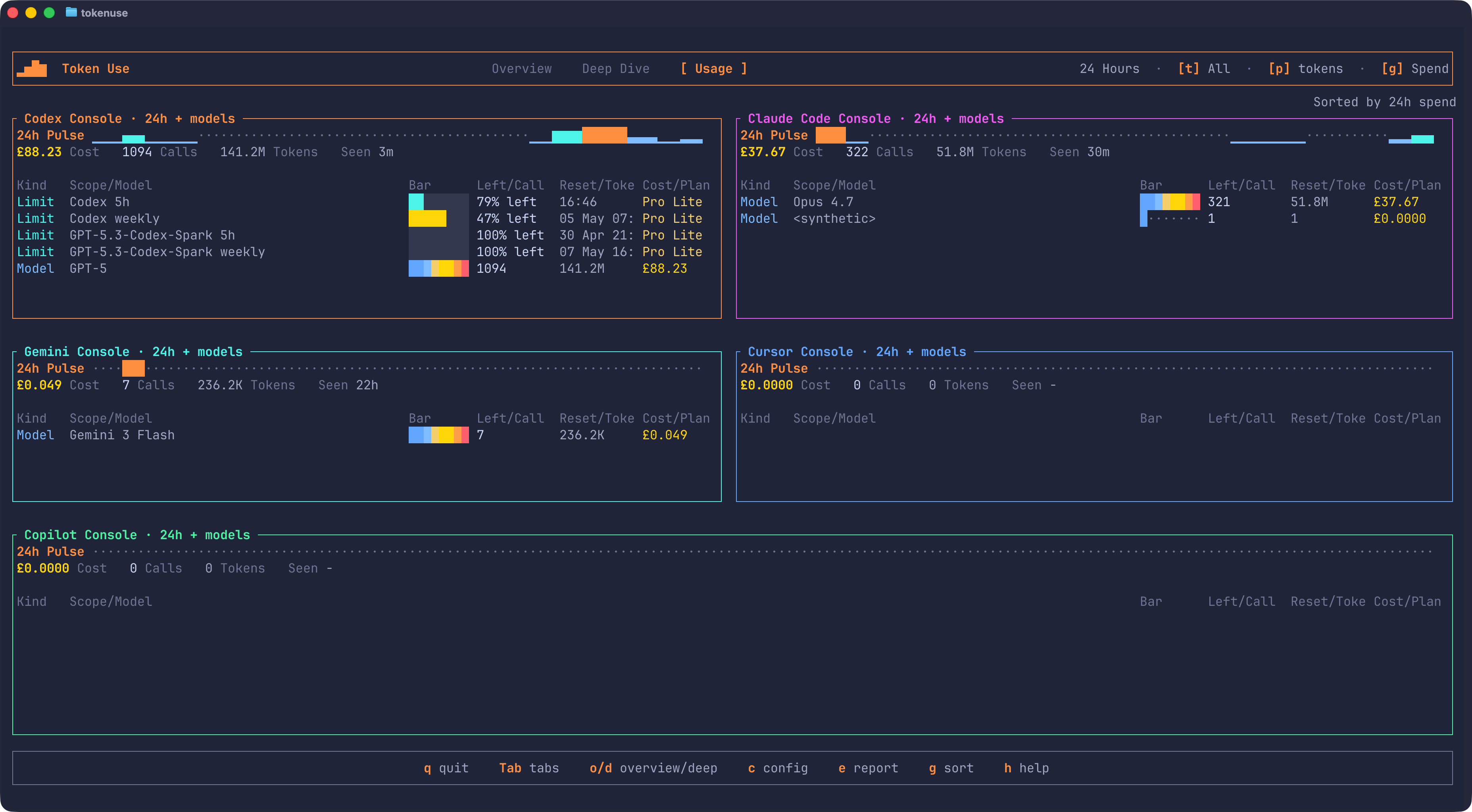 The Usage page showing rolling 24-hour activity per tool plus Codex rate-limit windows
