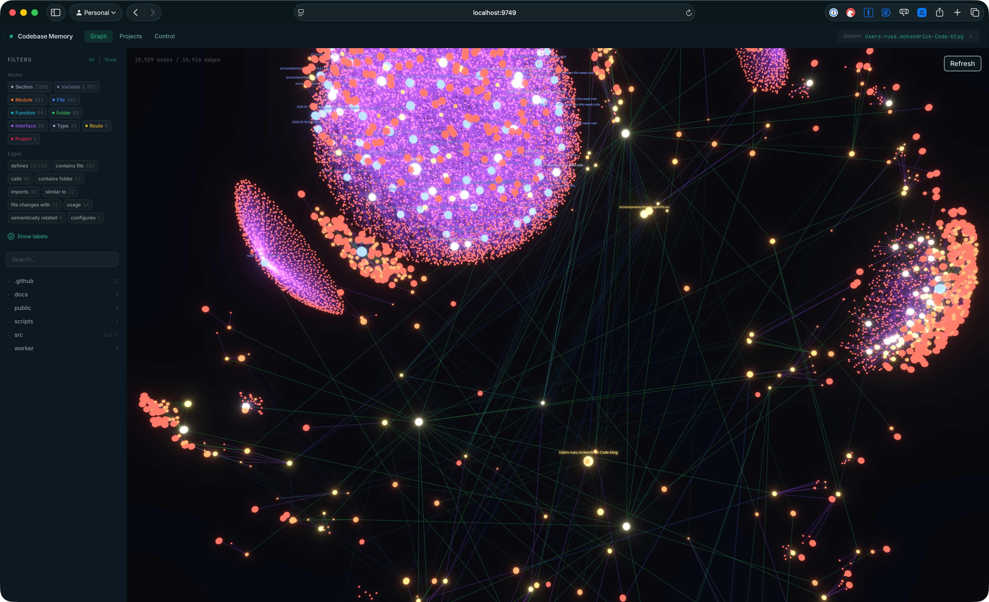 The codebase-memory-mcp graph UI showing 10,929 nodes and 10,916 edges for the Astro blog repo