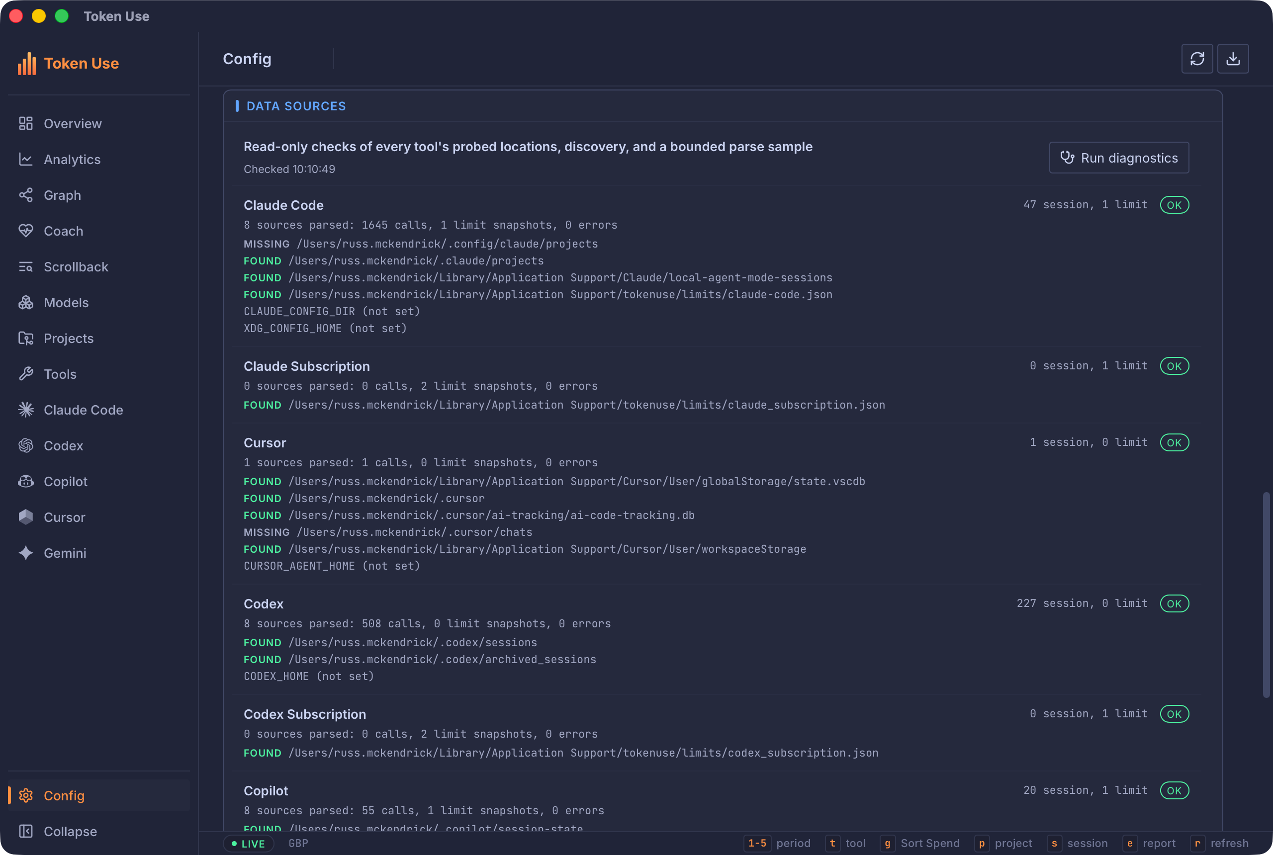 The desktop Config Data Sources panel showing per-tool diagnostics for Claude Code, Cursor, Codex, and Copilot with FOUND and MISSING paths and parsed call counts