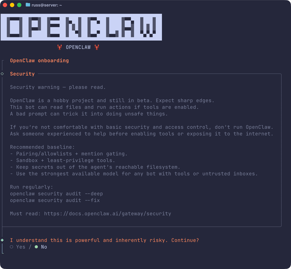 OpenClaw onboarding security warning