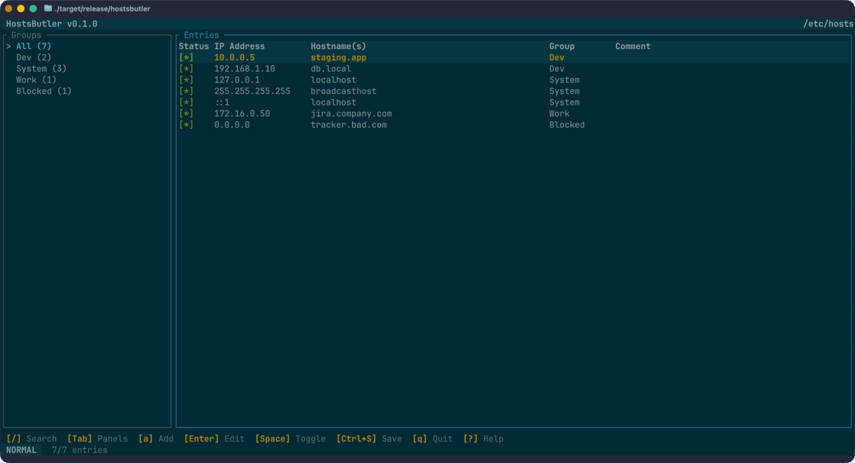 HostsButler main view showing the entry table and group sidebar