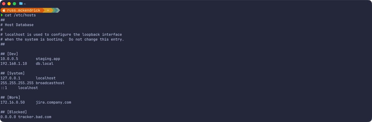 The /etc/hosts file showing group headers and entries