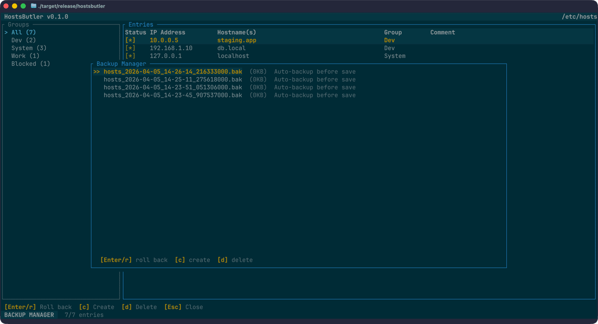 The HostsButler backup manager showing a list of automatic backups