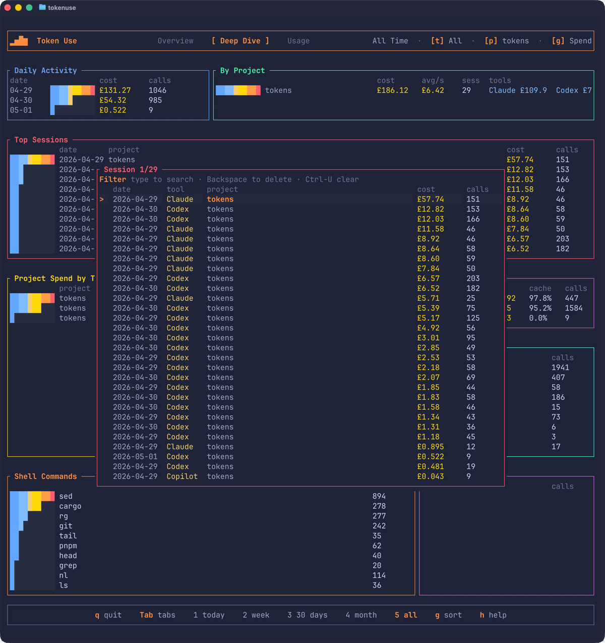 Session picker overlay showing every session in the filter, with live search at the top
