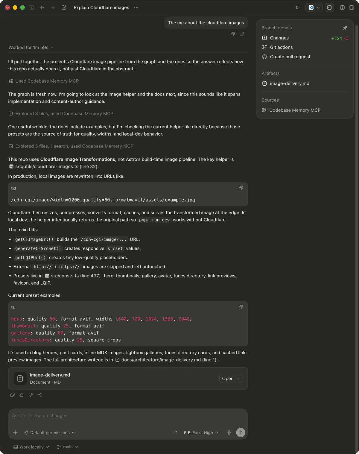 The agent answering a question about Cloudflare images by calling search_graph and get_code_snippet against the indexed blog repo